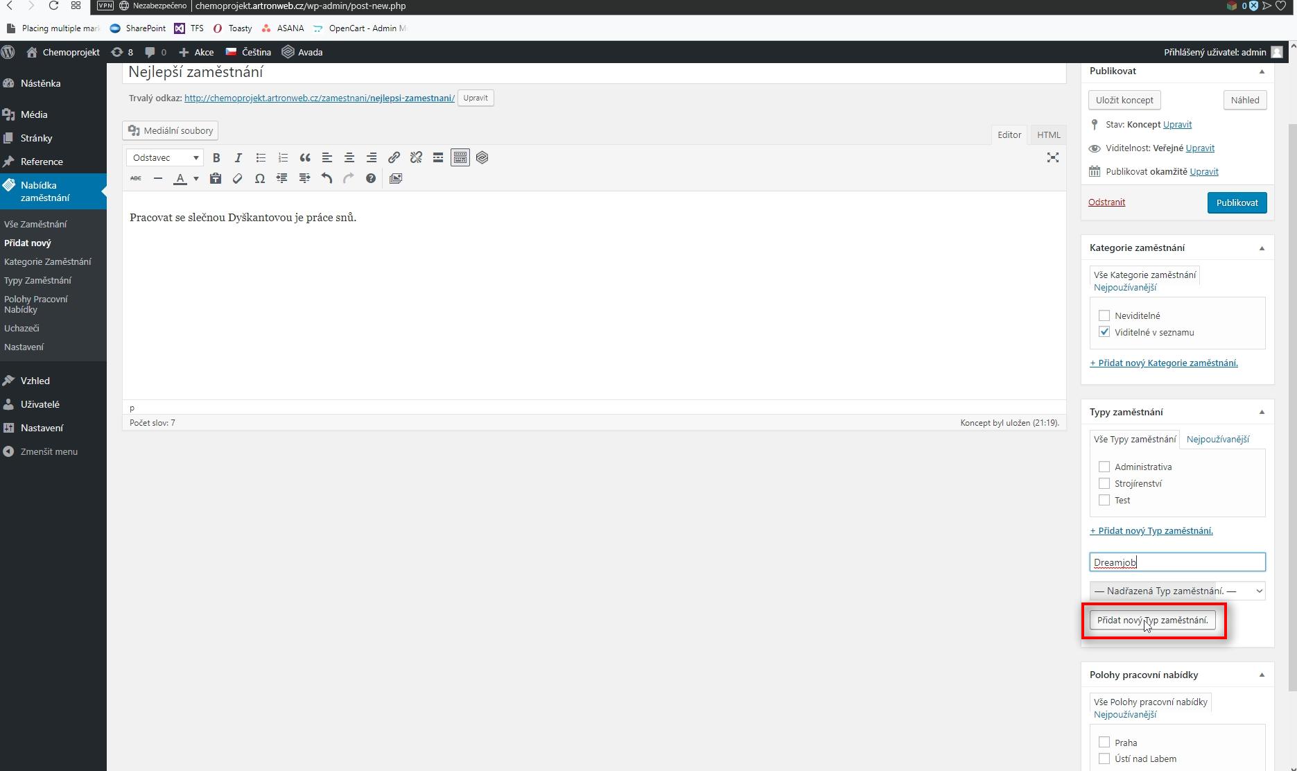 Typ
 Klikněte na Přidat nový Typ zaměstnání